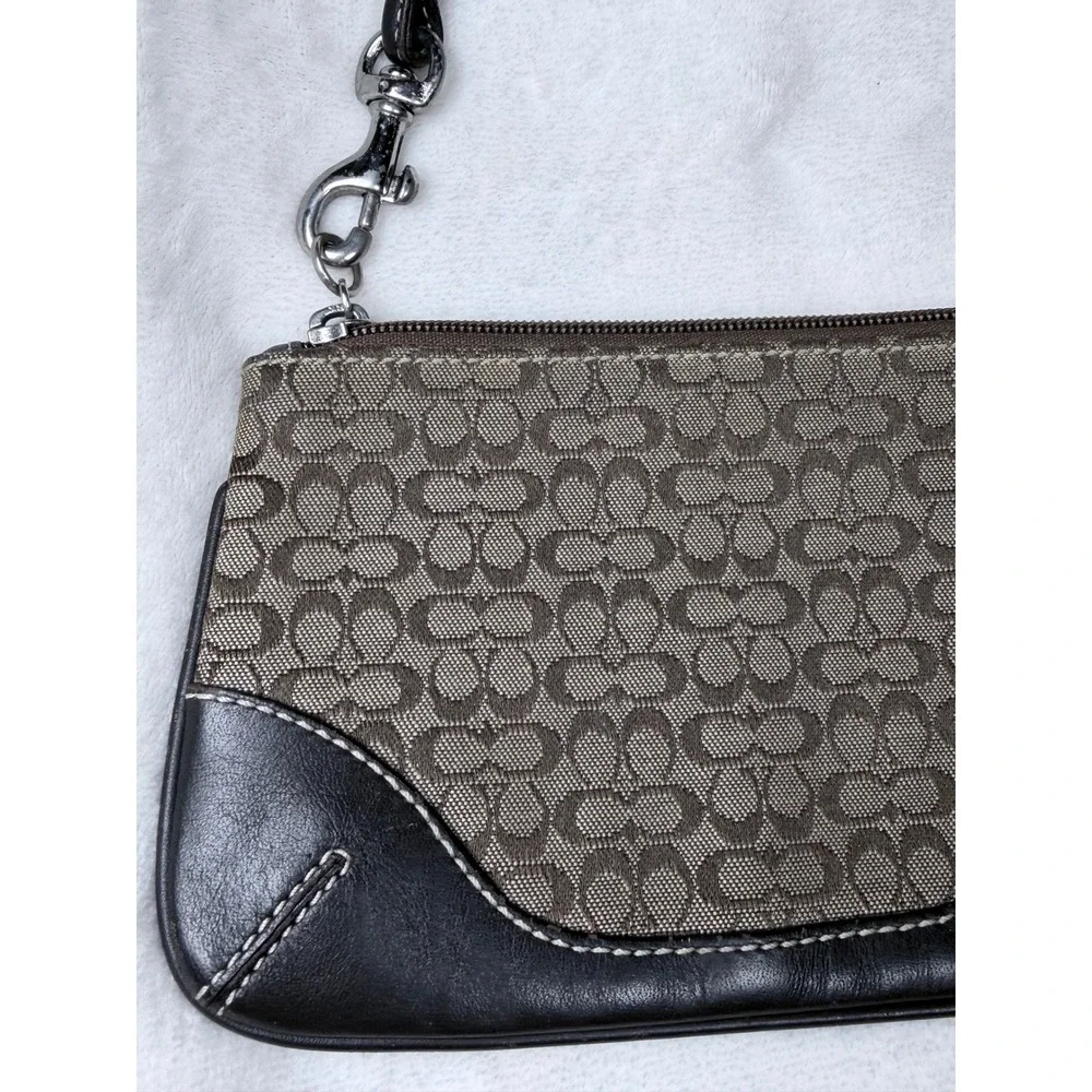 Coach Women Signature Monogram Wristlet Small Brown Black Leather Trim Pouch Bag